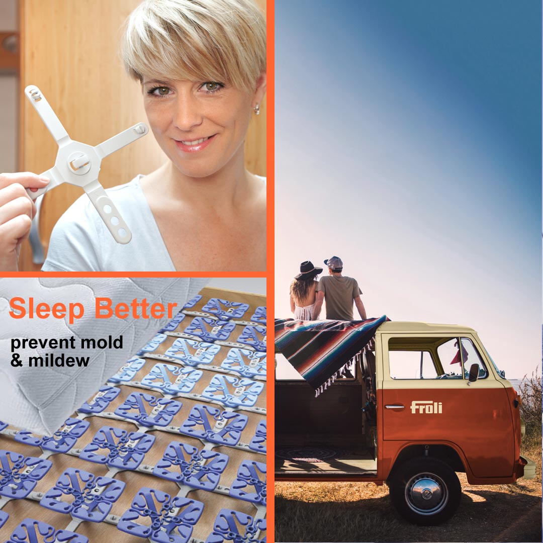 image collage of  froli star elements and young couple sitting on roof of van