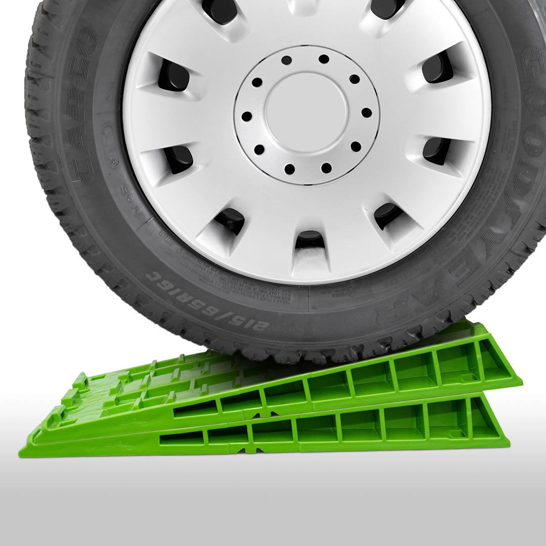 image shows tire on 2 parts of froli bioplastic wheel leveler